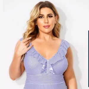 Stripes Ruffled V-neck Retro One Piece Swimsuit, XL